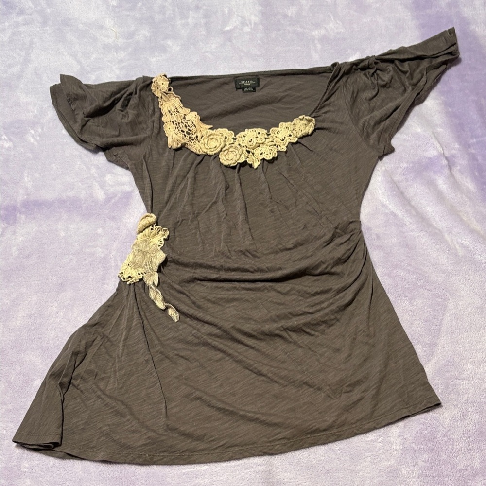 Anthropologie Brown Blouse with Cream Lace